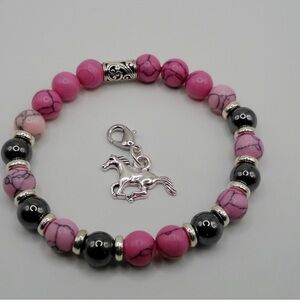 Pink Turquoise with Howlite and Hematite Gemstone Bracelet with Horse Charm